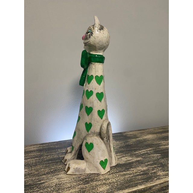Folk Art Vintage Jeanne Valentine–Attributed Cream and Green Papier-Mâché Cat Sculpture For Sale - Image 3 of 9