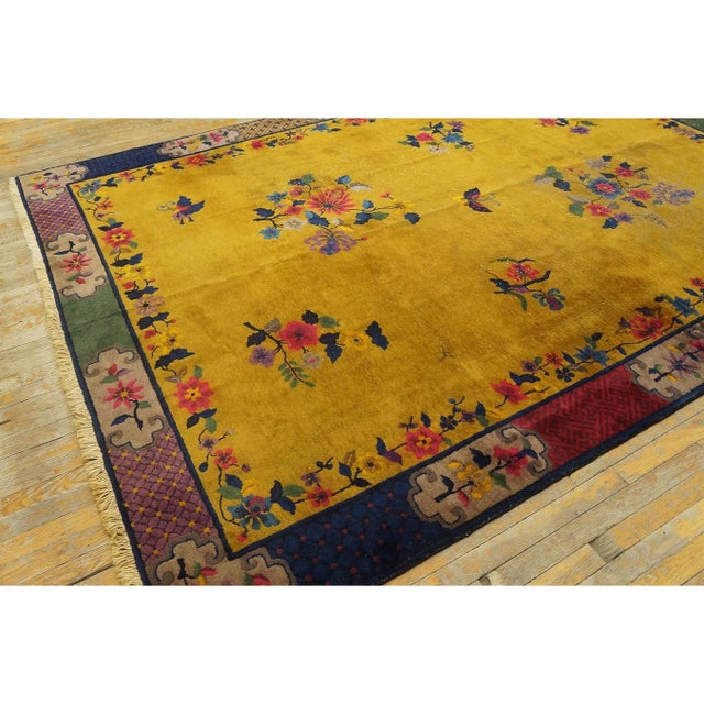 Art Deco 1920s Yellow Florid Antique Chinese Art Deco Carpet 7'2" X 9'10" Handknotted Rug For Sale - Image 3 of 9