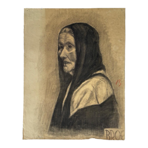 Antique French Expressionist Portrait of a Hooded Woman, Signed (Charcoal on Toned Paper)