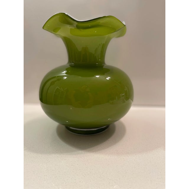 Boho Chic Olive Green Vase With White Flower Top For Sale In San Diego - Image 6 of 12