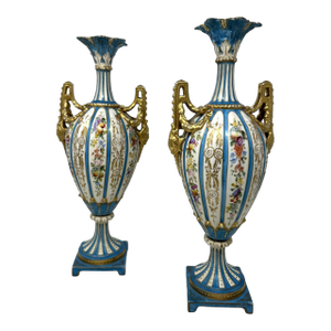 Antique Pair Sèvres Style German Rudolstadt Hand Painted Vases Urns 19thC Macys