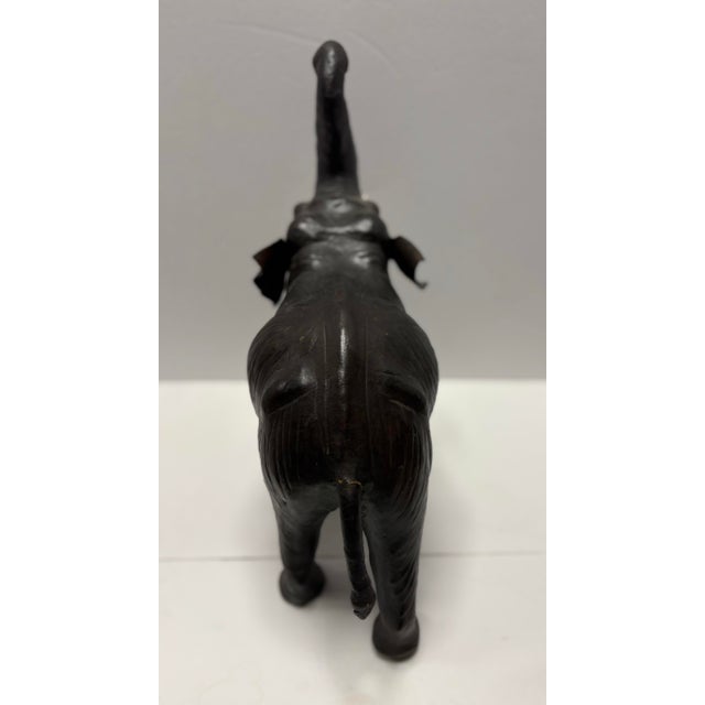 Vintage Leather Elephant Figurine Large Black Trunk Up Good Luck Decor Boho Safari Mid Century For Sale - Image 9 of 10