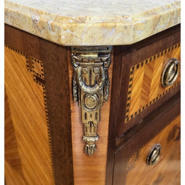 Pair Antique French Louis XV Style Inlaid & Sienna Marble Chest Commodes Signed For Sale - Image 11 of 18