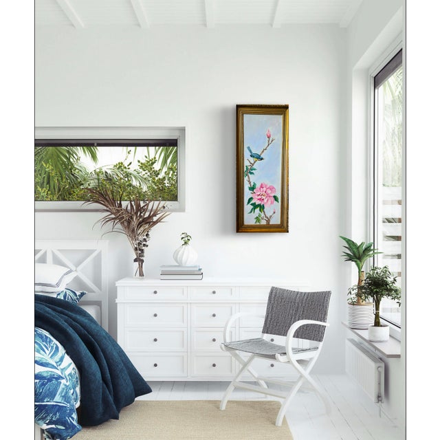 1950s Untitled Vintage Framed Signed Painting of Pink Magnolia and Blue Bird For Sale In New York - Image 6 of 10