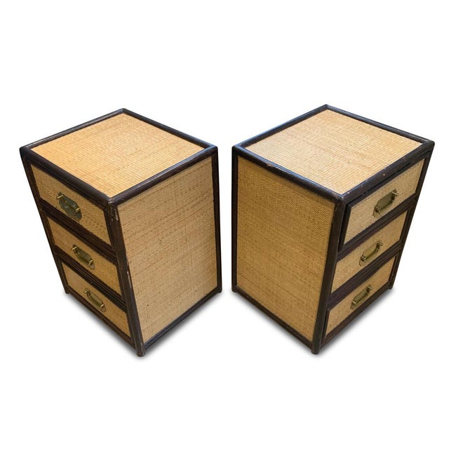 Mid-Century Glazed Rattan 3-Drawer Nightstands, 1950s, Set of 2 For Sale - Image 13 of 14