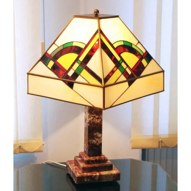 Art Deco Table Lamp in Marble and Stained Glass, 1920s, in Flawless conditions. Designed 1920 to 1949 European Plug (up to...