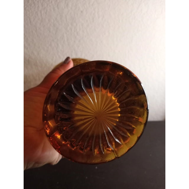 Art Deco 1960 Indiana Glass Tiara Sandwich Amber Glass Top Handle Basket Vase For Sale - Image 3 of 7