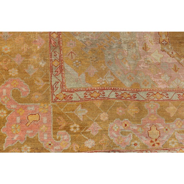 Squared Shape Antique Oushak Rug in Green, Marigold, Cream and Pink Color For Sale - Image 14 of 17