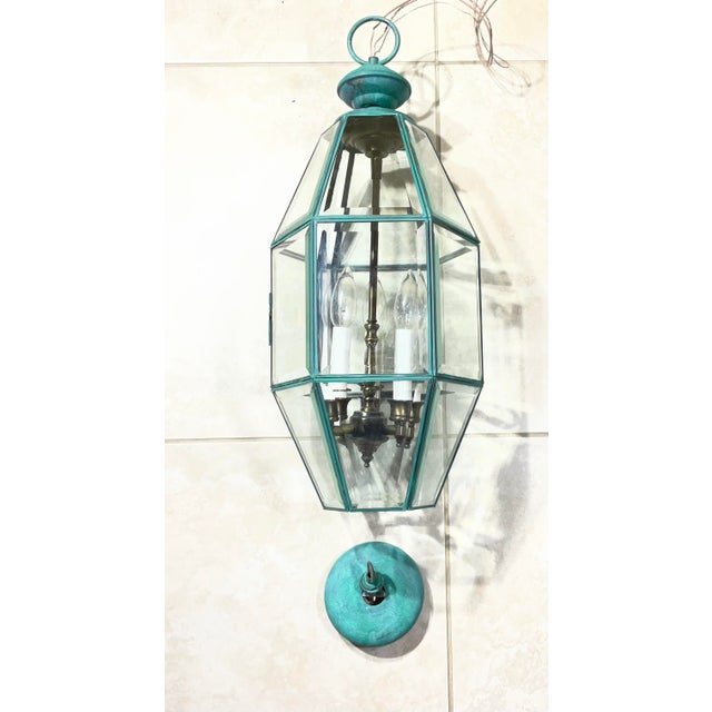 Vintage Hexagonal Solid Brass Hanging Lantern / Foyer Pendant Light 24”h X 10” W For Sale - Image 12 of 18