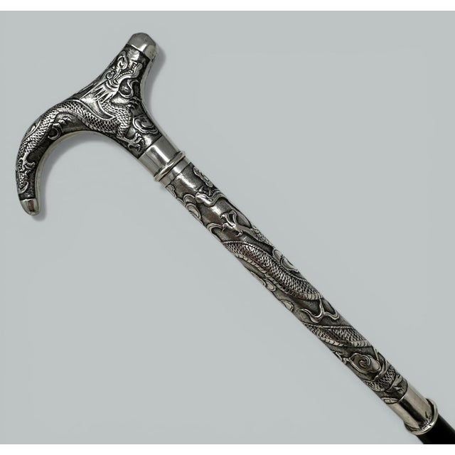 Asian Antique Chinese Sterling Silver Qing Lady’s Walking Swagger Stick Cane 2 Dragons For Sale - Image 3 of 8