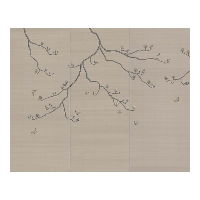W36" * H96" *3ps, Hand-Painted Magnolia Wallpaper, a Set of Handmade Chinoiserie Wallpaper For Sale