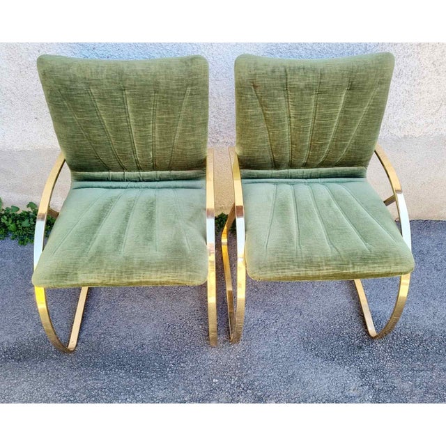 Italian Modern Brick Green Velvet and Gold Chromed Metal Chairs, 1970s, Set of 2 For Sale - Image 10 of 15