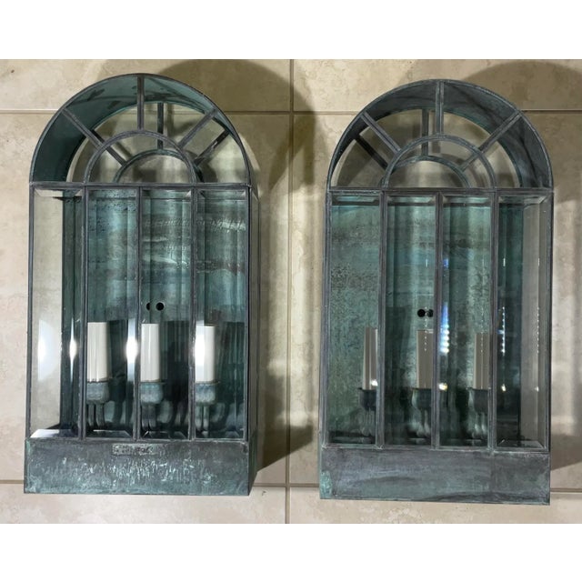 Green Pair of Vintage Handcrafted Wall-Mounted Brass Lantern For Sale - Image 8 of 12