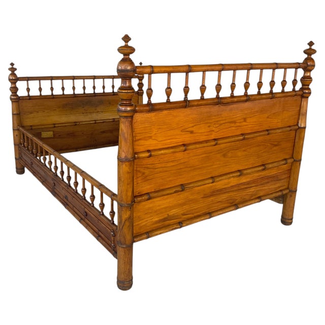 Brown Antique French Faux Bamboo Bed Frame, Stained Pine For Sale - Image 8 of 11