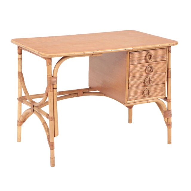Wood 1950s Mid-Century French Four Drawers Rattan Desk For Sale - Image 7 of 7
