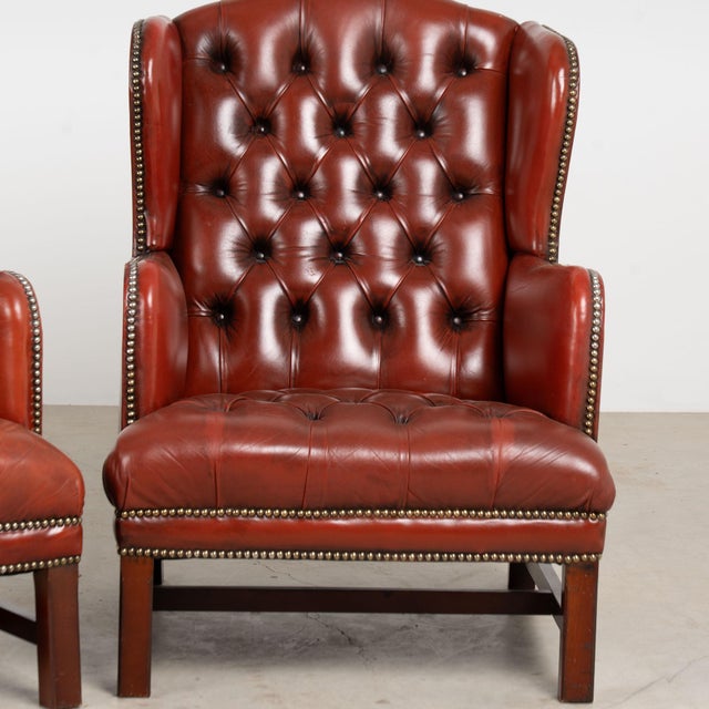 Pair of 20th Century Danish Oxblood Leather Chesterfield Wingback Club Chairs For Sale - Image 4 of 18