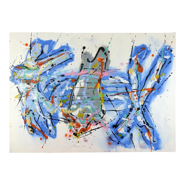 Abstract Expressionist Jerry Adams Blue Red Painting on Paper For Sale