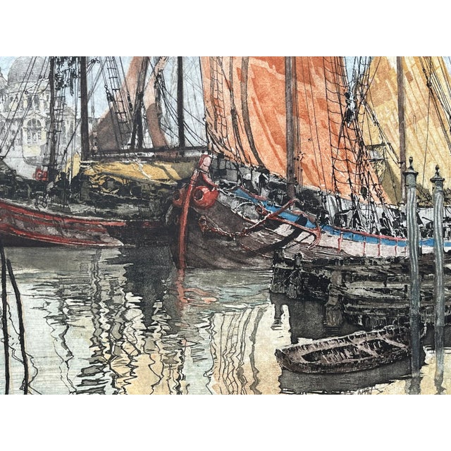 Vintage Color Etching Venice Italy Sail Boats Gondolas St Mark's Basilica by Franz Xavier Wolf For Sale - Image 4 of 7