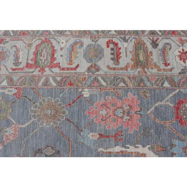 Dark Gray Large Modern Oushak Design With All-Over Multi Colored Floral Design in Wool For Sale - Image 8 of 13