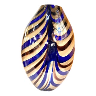 Artistic Italian Vase in Beige Hand-Made Murano Glass with Blue and Brown Reeds by Simoeng For Sale