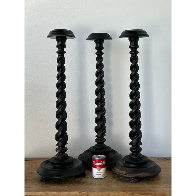 Vintage Boho Monumental Distressed Barley Twist Candlesticks - Set of 3 For Sale - Image 9 of 11