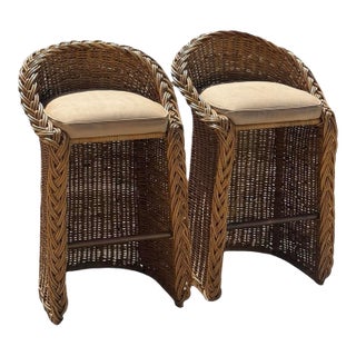 Pair Vintage Braided Rattan Counter Height Bar Stools For Sale
