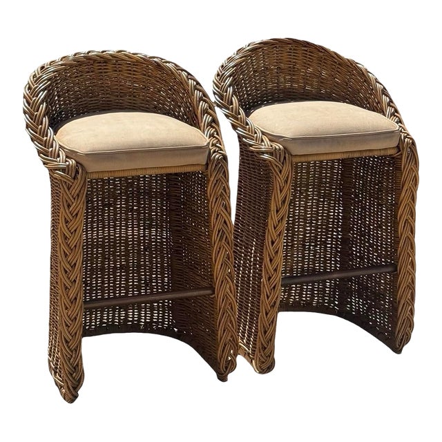 Pair Vintage Braided Rattan Counter Height Bar Stools For Sale