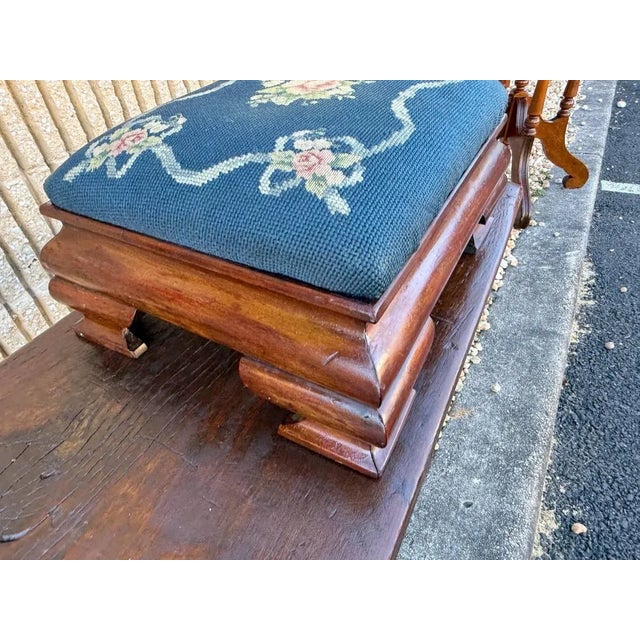 19th Century Antique American Empire Mahogany Flower Needlepoint Small Ottoman For Sale - Image 5 of 9