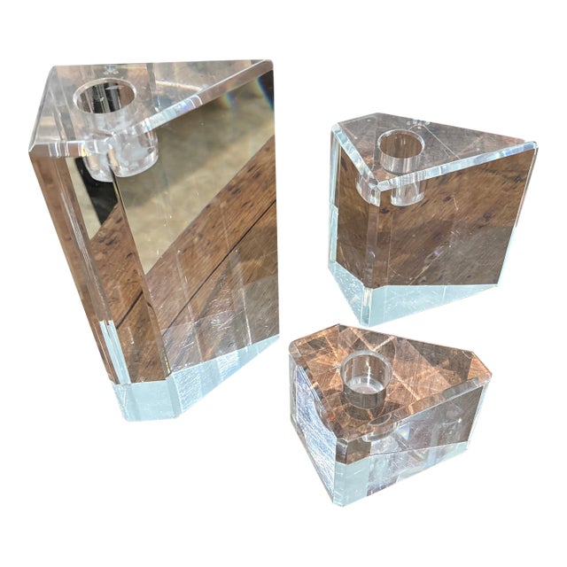 Set of Three Triangular Acrylic Candlesticks For Sale