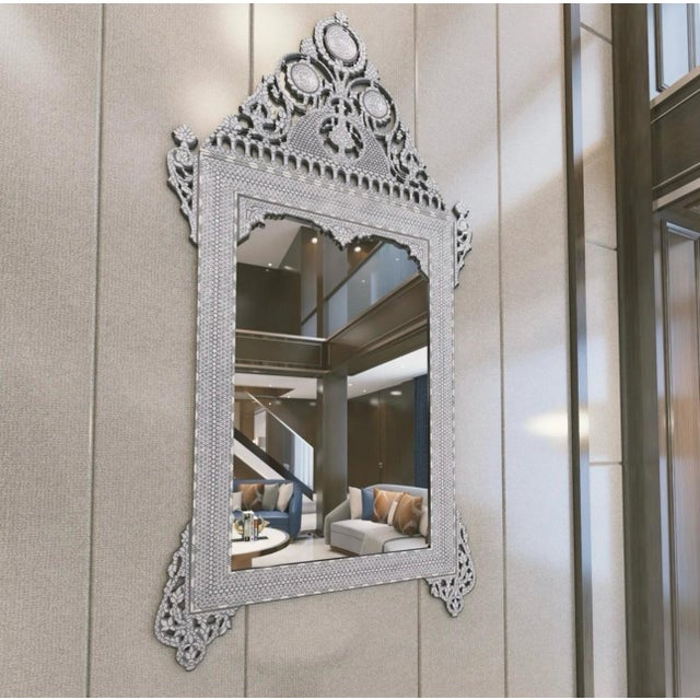 Monumental Syrian Damascene Mother-of-Pearl Inlaid Pediment Mirror With Pierced Cresting For Sale - Image 9 of 10