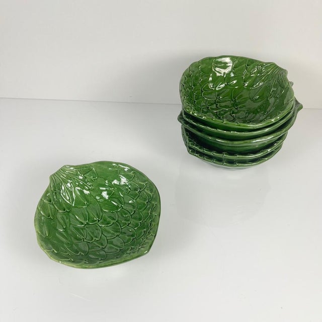 Vintage Green Artichoke Leaf Salad Bowls, 1970s, Set of 7 For Sale - Image 4 of 18