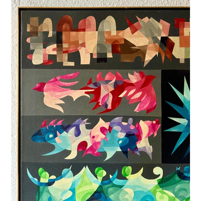 Paint Morris Lazar, Large Israeli 1950's Mod Modernist Abstract Oil Painting Cubist Morris Lazar, circa 1950's 1960's For Sale - Image 7 of 9