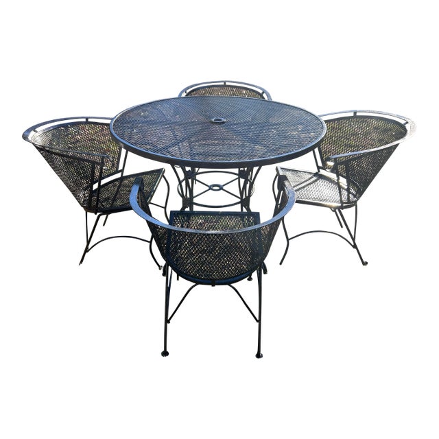 1970s Beautiful Vintage Woodard Wrought Iron Patio Set Table and 4 Barrel Chairs, Attributed For Sale