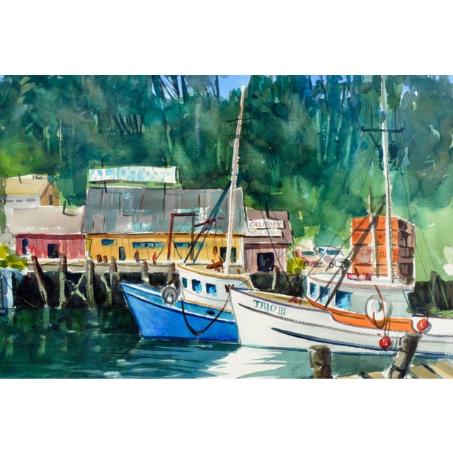 American Boats Along the Wharf Landscape by Henry Hank Volle For Sale - Image 3 of 7