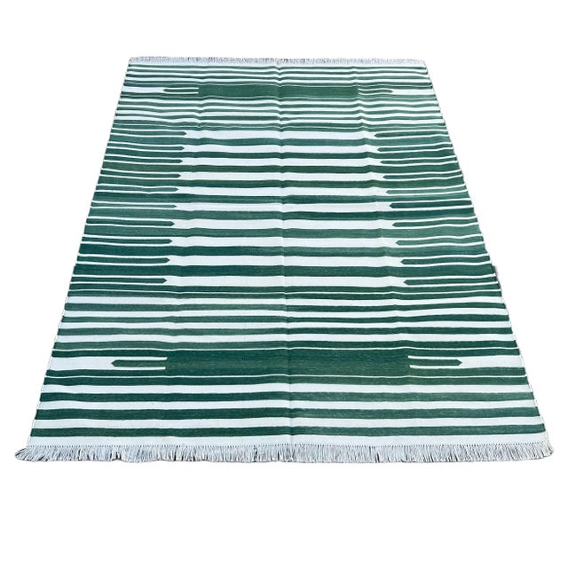 Not Yet Made - Made To Order Handmade Cotton Natural Vegetable Dyed Reversible Forest Green White Striped Rug Dhurrie - 6'x9' For Sale - Image 9 of 12
