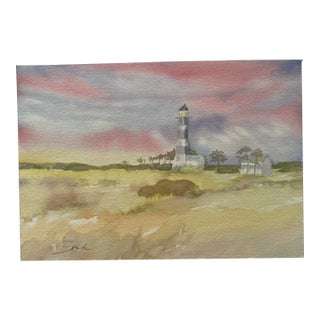 Signed Original Watercolor Landscape “Outer Banks Lighthouse at Sunset” For Sale