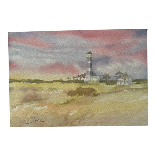 Signed Original Watercolor Landscape “Outer Banks Lighthouse at Sunset” For Sale