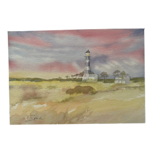 Signed Original Watercolor Landscape “Outer Banks Lighthouse at Sunset”