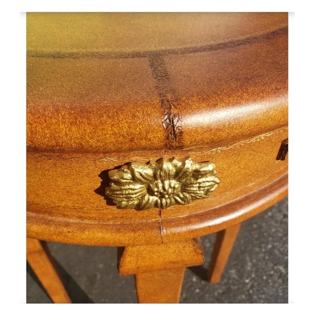 Metal All Leather Wrapped and Brass Mounted Gueridon Side Table With Pull Out Tray For Sale - Image 7 of 9