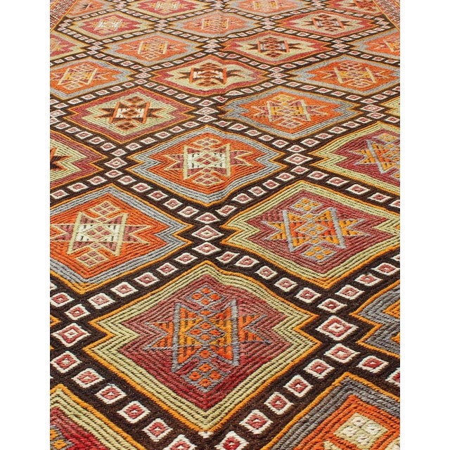 Tribal Mid 20th Century Colorful Vintage Turkish Embroidered Flat-Weave Kilim Rug With All-Over Diamond Design For Sale - Image 3 of 13