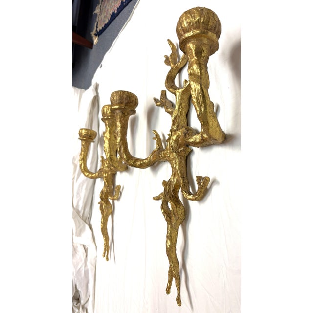 Gold Vintage Felix Agostini Style Gold Faux Bois Branch Candle Wall Sconces- A Pair For Sale - Image 8 of 15
