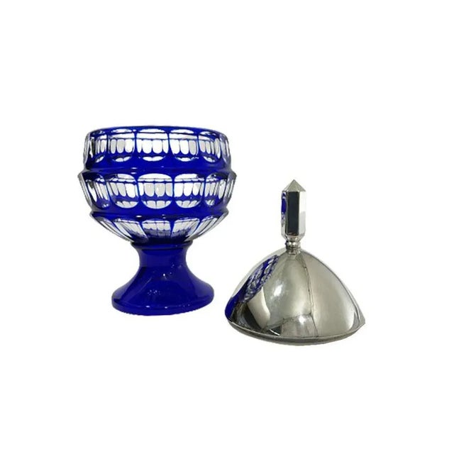 Boho Chic German Blue Bohemian Crystal Bowl with Silver Lid by Hermann Behrnd, Dresden For Sale - Image 3 of 7