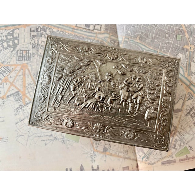 Victorian Early 20th Century Antique Silverplate Lidded Box With Embossed Victorian Scene For Sale - Image 3 of 7