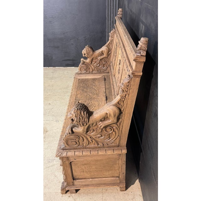 Antique French Carved Oak Bench with Tavern Scene, 1850 For Sale - Image 6 of 18