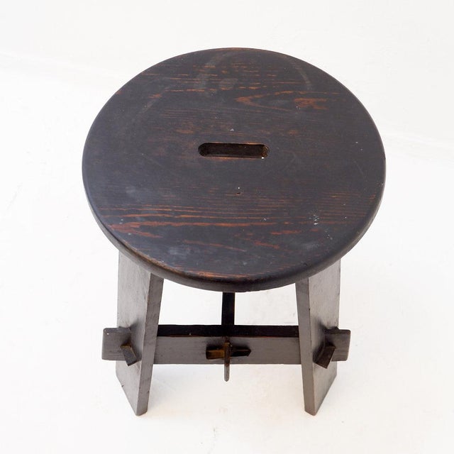Vintage Black-Stained Wooden Tripod Stool with Tenon Joints For Sale - Image 11 of 13