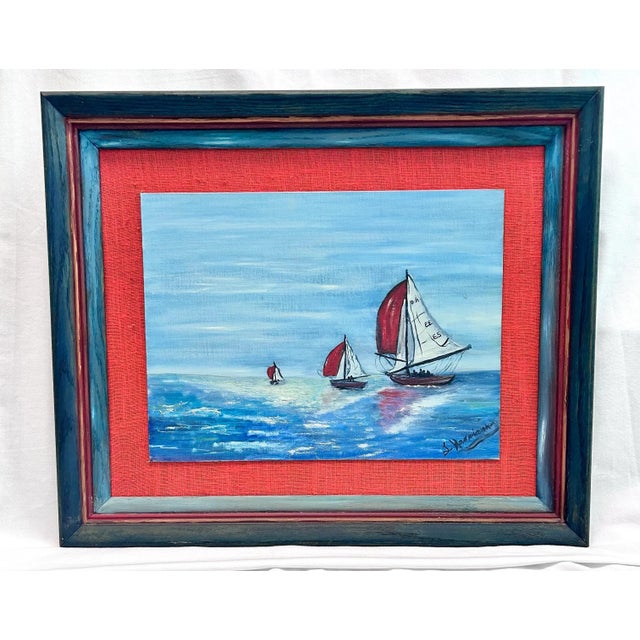 1970s Nautical Folk Art Sailboat Seascape Painting – Framed Coastal Wall Art For Sale - Image 9 of 9