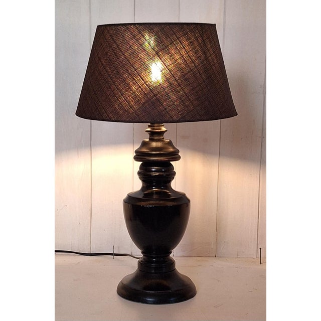 Wood Vintage Table Lamp with Brown Chestnut Wood Base and Brown Fabric Shade, 1990s For Sale - Image 7 of 7