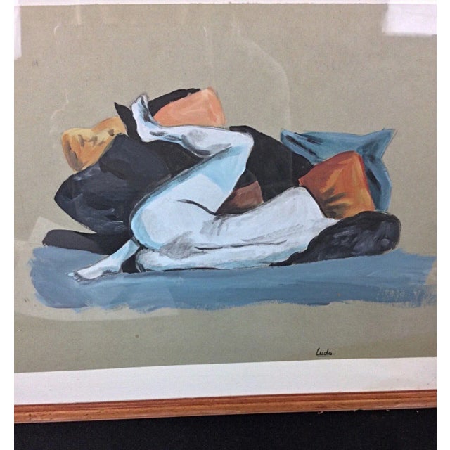 French Mid 20th Century Elegant Watercolor by Ludo - Reclining Nude Woman, Back View, Framed For Sale - Image 3 of 5