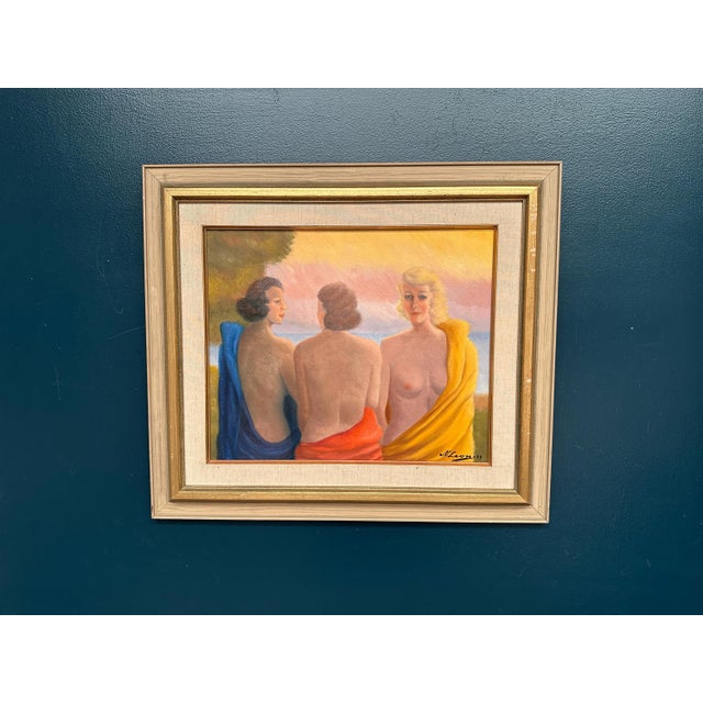 N. Leon, Three Women, 1947, Oil Painting on Panel, Framed For Sale - Image 14 of 18