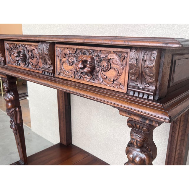 Brown 19th Century Console Carved Table Renaissance with Beige Marble Top For Sale - Image 8 of 18